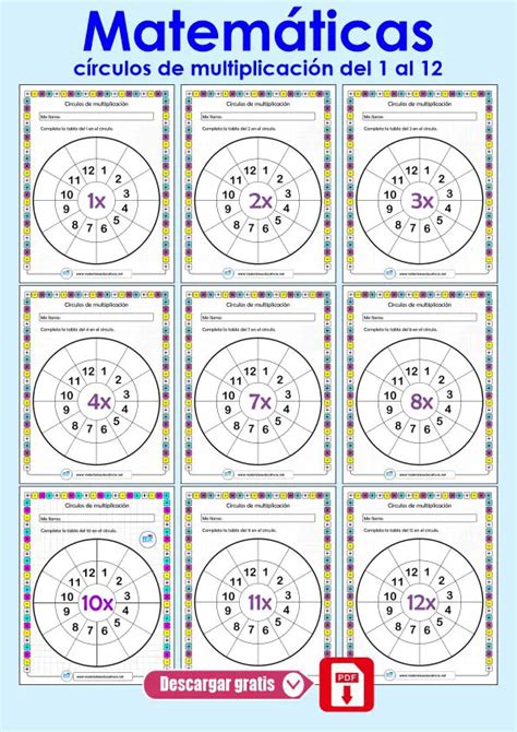 Fichas de Matemáticas círculos de multiplicación del 1 al 12