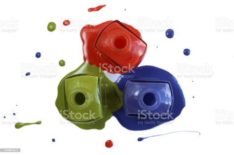 Three Bottles Of Open Varnish Stand On A White Background Stock Photo