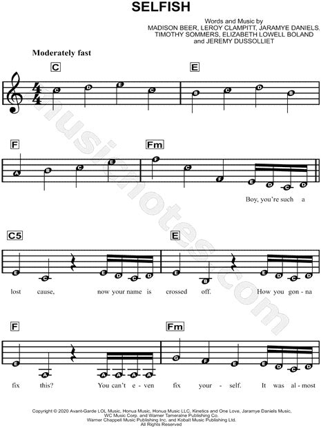 Madison Beer Selfish Sheet Music For Beginners In C Major Download