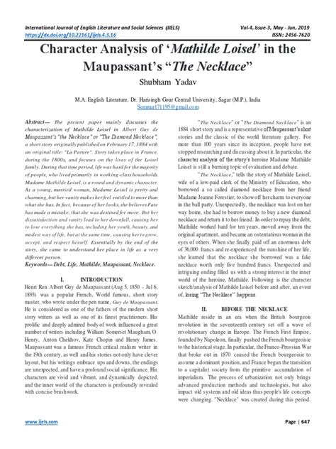 Character Analysis of Mathilde Loisel' in The Maupassant's "The ...