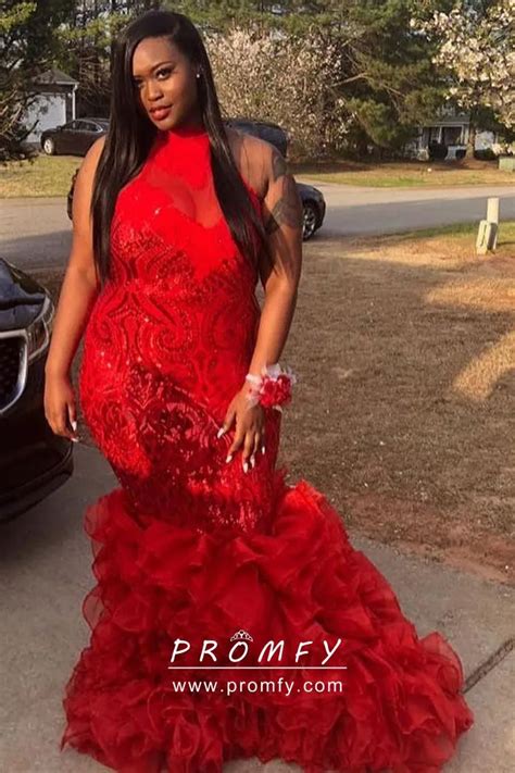 Red Sequin And Illusion Lace Neckline Ruffled Mermaid Long Plus Size Prom Dress