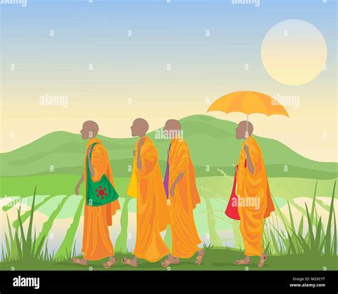 An Illustration Of Buddhist Monks In Orange Robes Walking By A Paddy