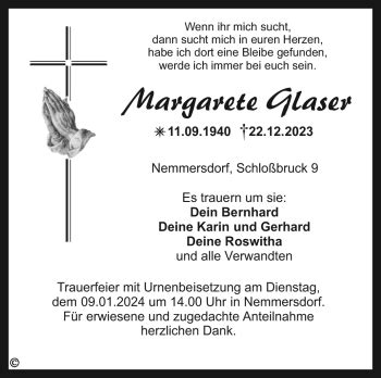 Traueranzeigen Von Margarete Glaser Nordbayerischer Kurier