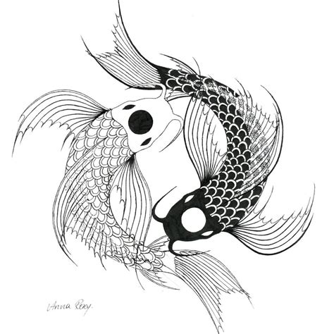 an ink drawing of a koi fish with black and white lines on it's body