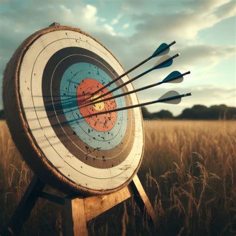 Archery Target Sits In Field With Several Arrows Making Their Mark