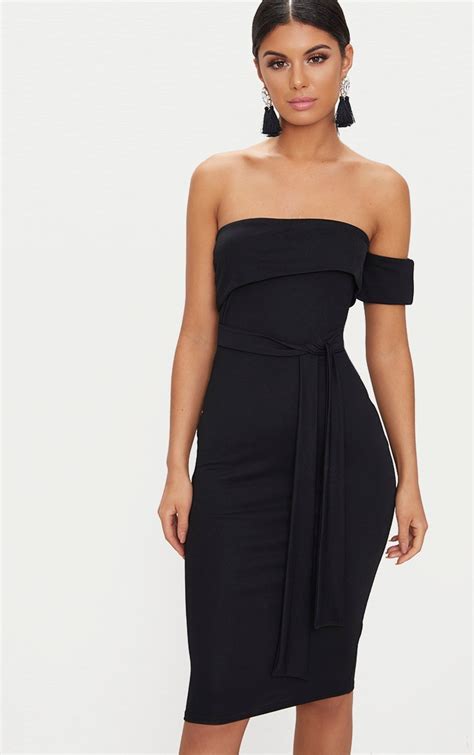 Black One Shoulder Bardot Tie Detail Midi Dress Prettylittlething Ie