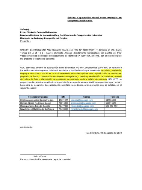 Solicitud Para Capacitación De Evaluadores Modelo Pdf