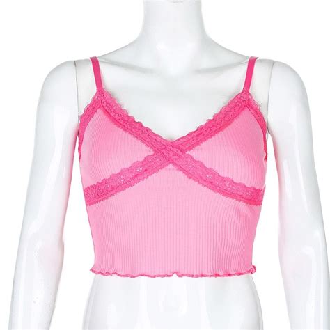 Y2k E Girl Hot Pink Cross Lace Camis Tops Sweet Chic Spaghetti Strap Ruffles Hem Crop Tops