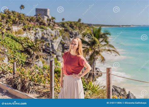 Woman Tourist Enjoying The View Pre Columbian Mayan Walled City Of