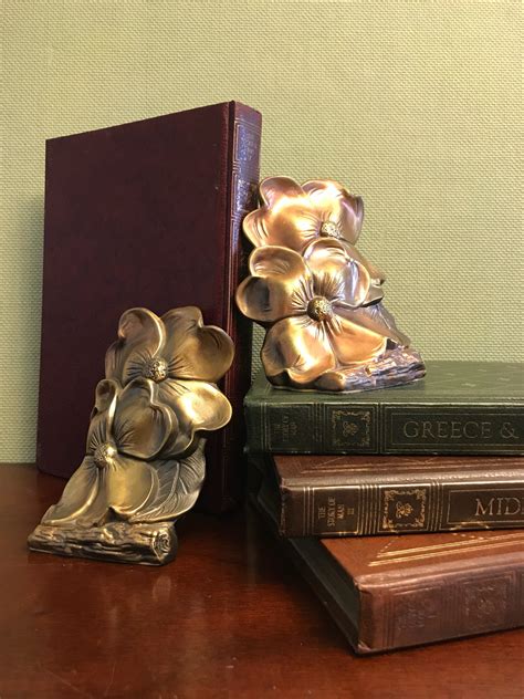 Vintage Gold Bookends Dogwood Flower Hollywood Regency Floral Bookends