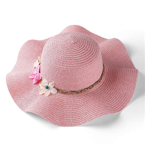 Womens Wavy Brim Straw Woven Flower Band Summer Beach Floppy Sun Hat Pink C8182xx95m5