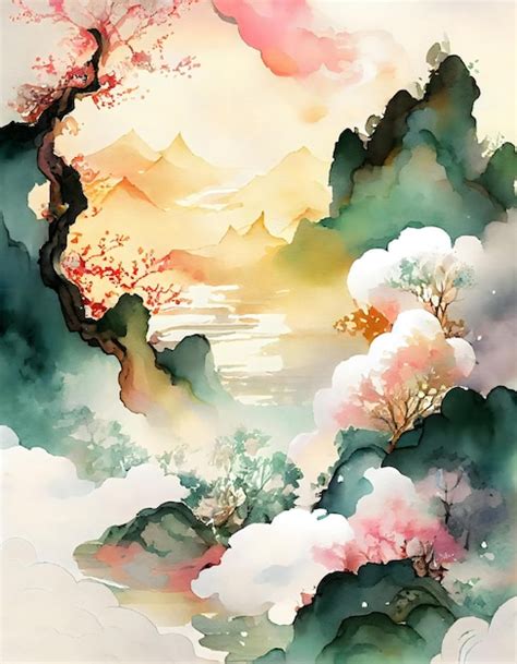 Paysage De Montagne Asiatique De Style Chinois Peinture Aquarelle Beige