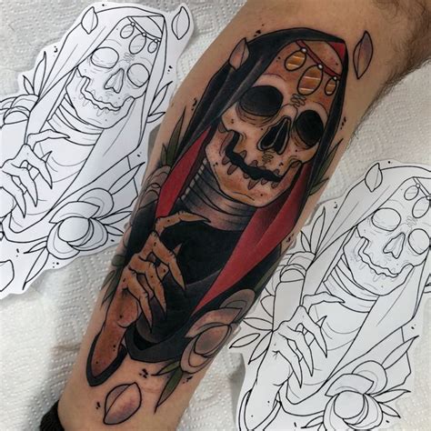 A Man S Leg With A Tattoo On It And A Skull Holding A Knife