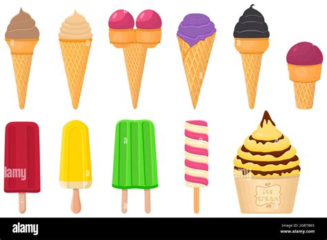 Big Kit Ice Cream Popsicle Different Types In Cone Waffle Cup Stock