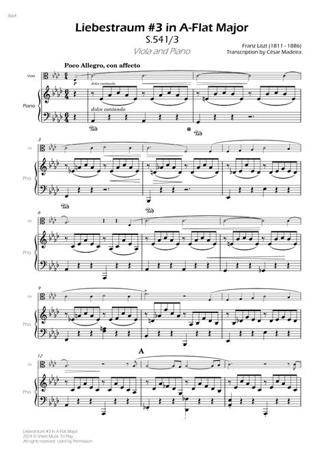 Liebestraum No Viola And Piano Full Score Arr C Sar Madeira By