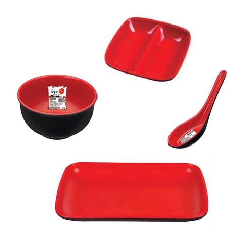 Kit Melamina Comida Japonesa Sushi Sashimi Tigela Molheira Vermelho