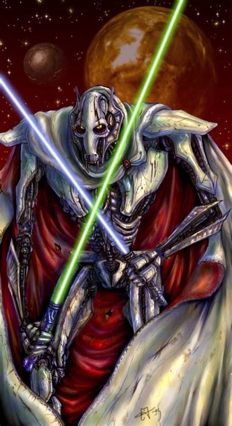 A Star Wars Character With Two Lights Sabers In His Hand