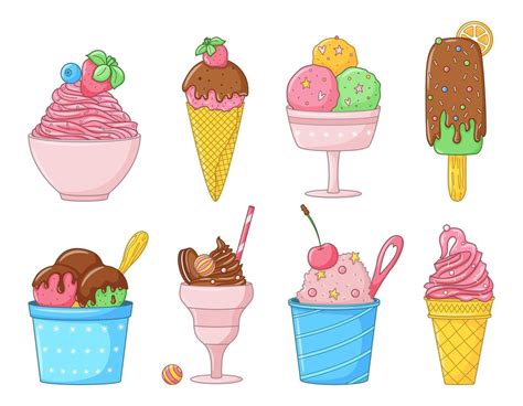 Set Of Cartoon Colored Doodle Ice Cream Collection Of Different Types