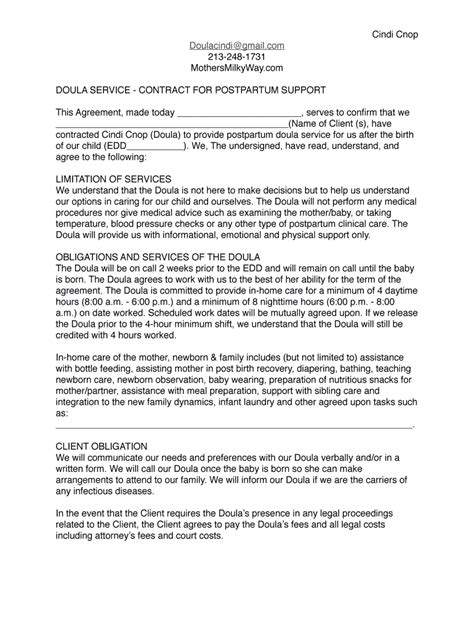 Postpartum Doula Contract Template Fill Out Sign Online DocHub