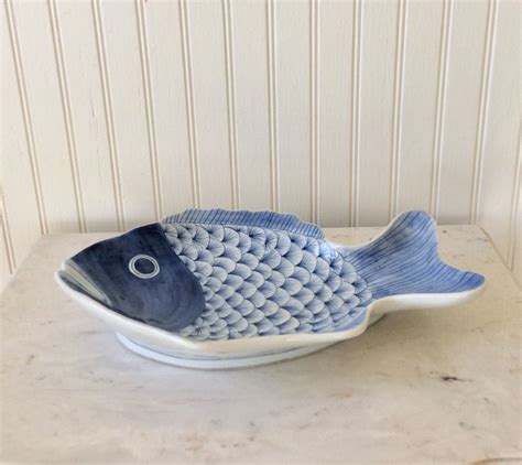 Sale Vintage Blue White Fish Platter Handpainted Pottery Etsy