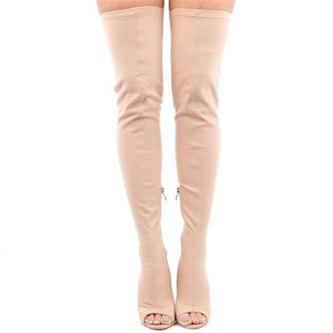 Cindy Thigh High Peep Toe Boots In Nude Lycra Peep Toe Boots Nude Boots Peep Toe Thigh High