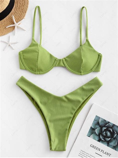 RABATT NEU ZAFUL Wendbarer Bikini Bademode Mit Geripptem Bügel In Grüne Zwiebel