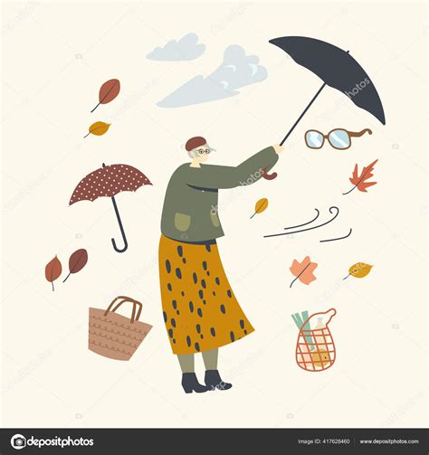 Senior Woman Hold Broken Umbrella Protecting From Hurricane Aged Female Character Fighting With