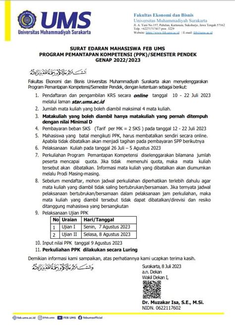 Jadwal Kuliah PPK Prodi Manajemen Manajemen FEB UMS