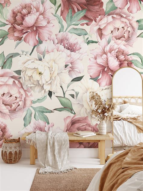 Large Peony Floral Wallpaper Removable Peel And Stick Mural Etsy