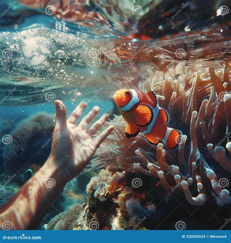 Colorful Clownfish Swimming Near A Human Hand Underwater AI Generated