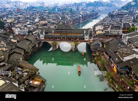 Aerial View Of Beautiful Fenghuang Ancient Town And Tuojiang River