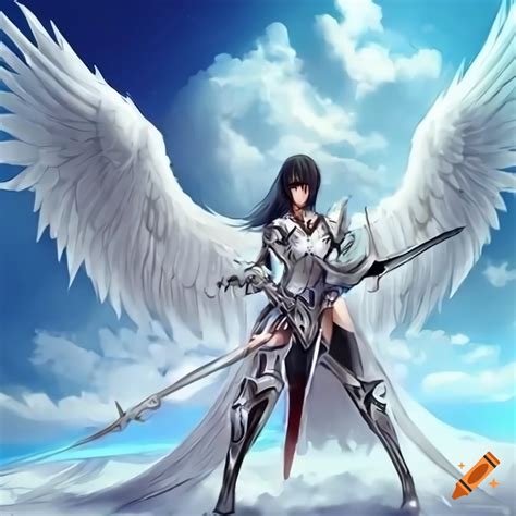 Beautiful female angel warrior, full body view three quarter angle ...