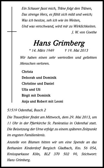 Traueranzeigen Von Hans Grimberg WirTrauern