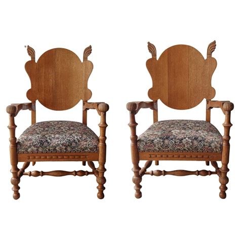 Pair Of Antique French Carved Oak Lounge Chairs For Sale At 1stdibs