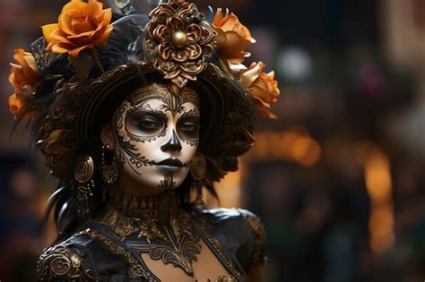 Premium Ai Image Mexican Day Of The Dead Sugar Skull Catrina Beautiful Girl With Delicate Makeup