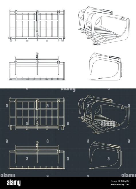 Stylized Vector Illustration Of Blueprints Of Grapple Bucket Stock