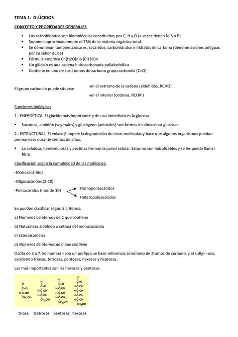 TEMA 1 Glúcidos Apuntes 1 TEMA 1 GLÚCIDOS CONCEPTO Y PROPIEDADES