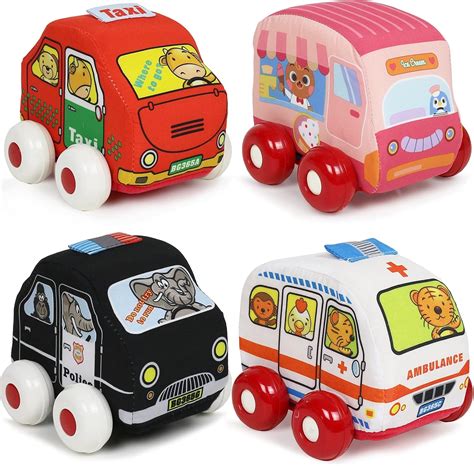 Plush Cars Set Of 4 Soft Cars Durable Stuffed Ambulance Taxi