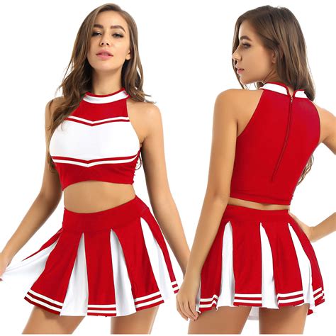 DE Damen Cheerleader Kostüm Uniform Ärmellos Bauchfrei Oberteil Mini