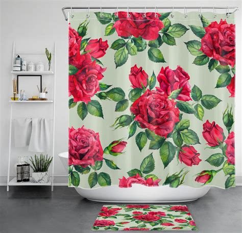 Romantic Red Rose Shower Curtain Set With Green Leaf Accents For A