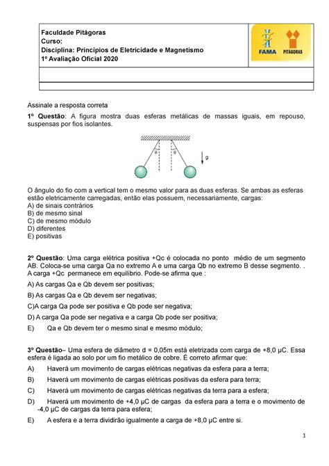 Prova Princ de Eletricidade e Magnetismo Faculdade Pitágoras Curso