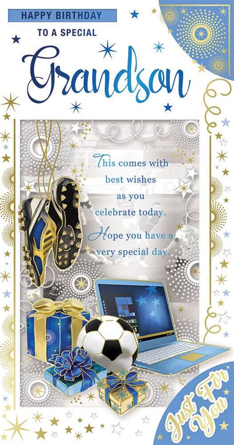 Grandson Birthday Card Laptop Boots Football T Boxes And Foil 9