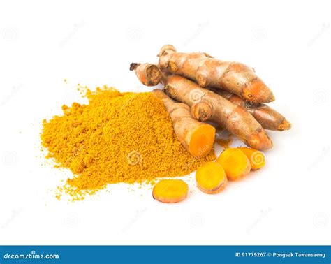 Turmeric Power And Fresh Turmeric Roots On White Background Her Stock