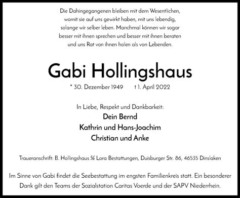 Traueranzeigen Von Gabi Hollingshaus Trauer In NRW De