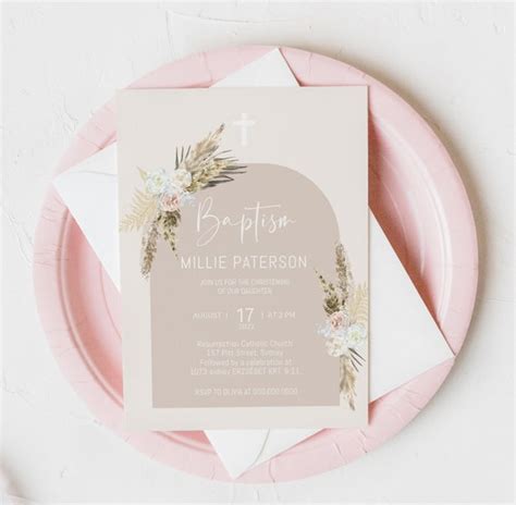 Art And Collectibles Digital Prints Editable Bohemian Invite Boho Christening Invitation First