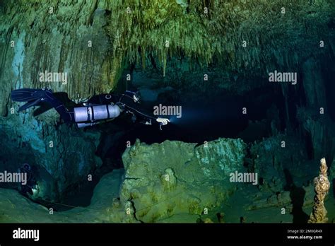 Cave Diver Instructor Leading A Group Of Divers In A Mexican Cenote