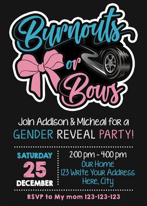 Burnouts Or Bows Gender Reveal Invitation Car Gender Reveal Invite Race