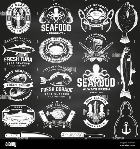 Set Of Best Seafood Badges On Chalkboard Fresh Tuna Octopus Trout