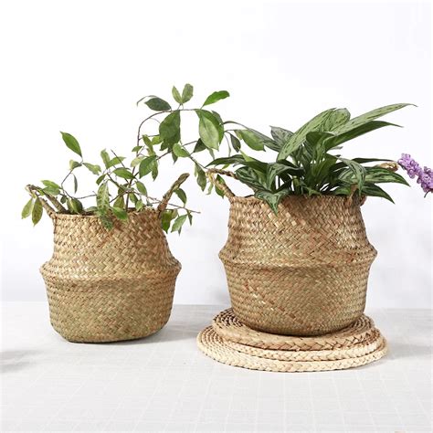 WCIC 2pcs Handmade Seagrass Plant Pot Flower Basket Folding Rattan