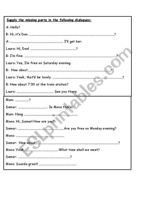 Dialogue Gap Filling Exercises Esl Worksheet By Reham12378